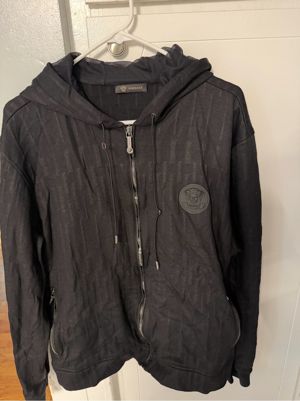 Vintage Versace Men's Black Logo Zip-Up Hoodie